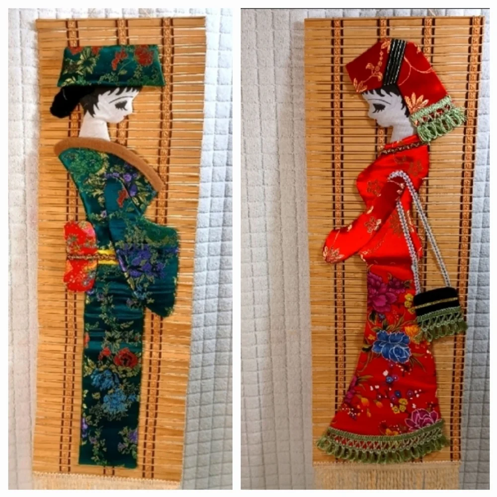 (2) Rare Vintage Bamboo Applique Geisha Girl Wall Scroll Set